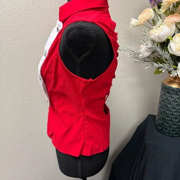 Red Lace-Up Back Military Vest Top w/ White Button Front Detail Large - Picture 2 of 9